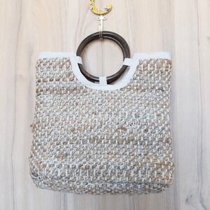 Woven Jute Tote Bag Wooden Handles Cream Summer Beach Boho Minimalist Chic